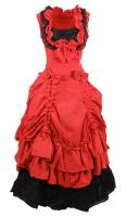 Robe longue rouge et noire avec noeuds, dentelle et froufrous, western aristocrate